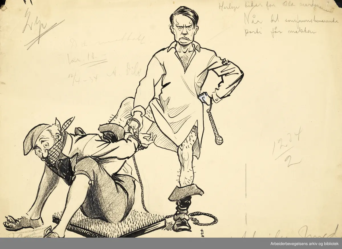 Tegning av Jan Lunde i Arbeiderungdommen 1934. Vidkun Quisling i nattkjole tvinger mann til å sitte på spikermatte. "Herlige tider for Ola Nordmann. Når det samfundsbevarende parti får makten".