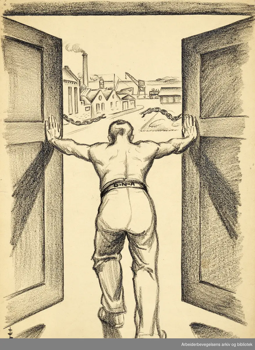 Tegning av Jan Lunde. D-N-A mann åpner dører til en fabrikk. Udatert.