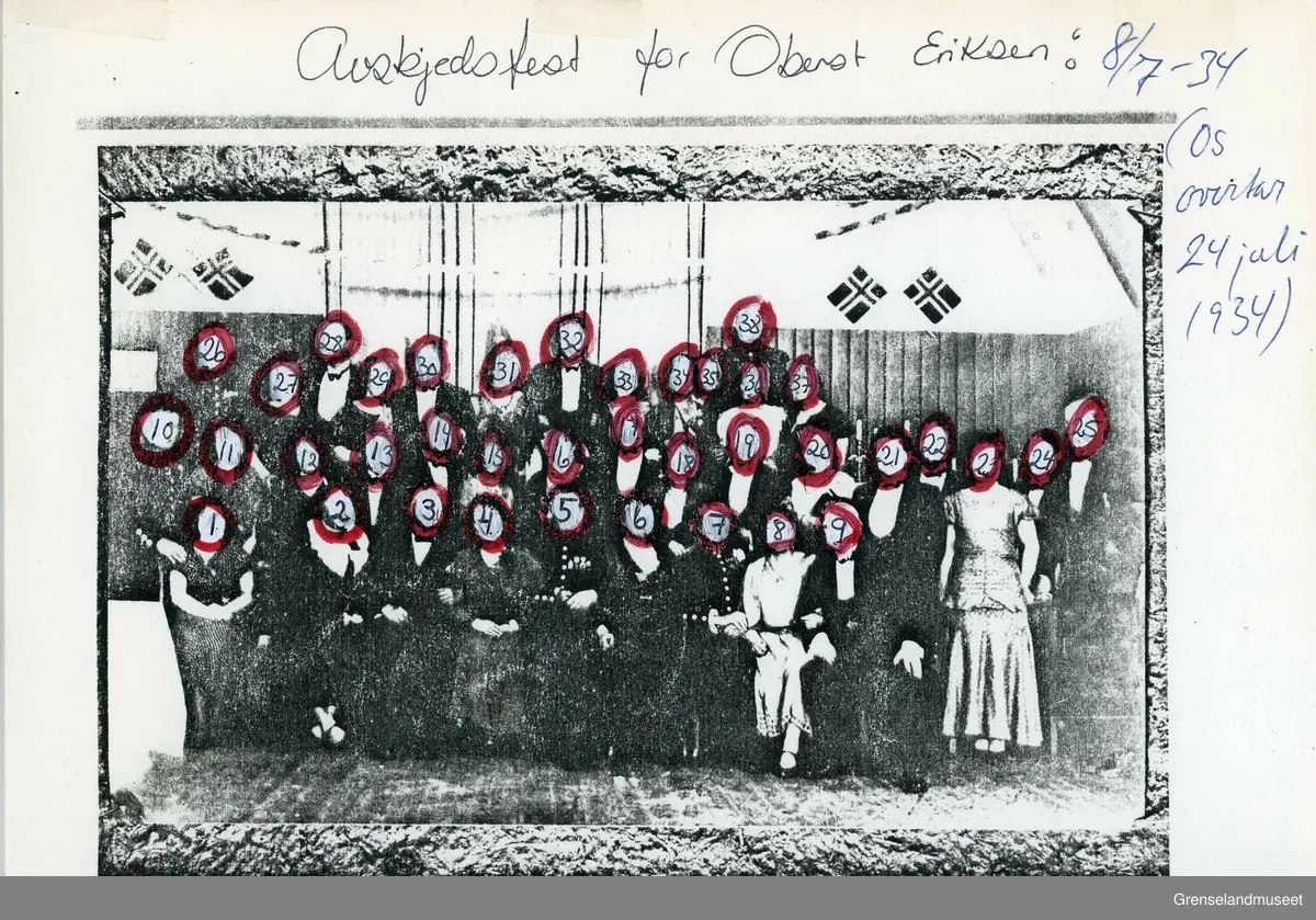 Avskjedsselskap for oberstløytnant Olav Eriksen den 8. Juli 1934.
Første rekke:
1: Ukjent.
2: Ukjent
3: Arthur Klerck.
4: Fru Anne Helskog (mor til ingeniør Helskog).
5: Kaptein Toralf Tveiten.
6: fru Eriksen.
7: Oberstløytnant Olav Eriksen.
8: Fru Ellinor Balke.
9: Ukjent.
10: Kaptein Neset.
11: Ukjent.
12: Martha Torgersrud.
13: Ukjent.
14: Kontorsjef Erik Balke.
15: Ukjent.
16: Fredrikke Knudtzen.
17: Verksdirektør Johan Jentoft Knudtzen.
18: Ellinor Tveiten.
19: Møller.
20: Sykesøster Gyda (Guda? Gada?) Andressen.
21: Politimester Haakon Holmsen.
22:  Hovedbokholder Leonard Helskog  
23: Ukjent.
24: Ukjent, men kan være Helskog.
25: Overingeniør (og senere Verksdirektør) Hans Torgersrud. 
26: Kaptein Audun Magnus.
27: Ukjent.
28: Doktor Alf Palmstrøm.
29: Evy Palmstrøm.
30: Ukjent.
31: Fylkeslege Grimsgaard.
32: Ukjent.
33: Ukjent.
34: Ukjent.
35: Ukjent.
36: fru Møller.
37: Ukjent.
38: Ukjent.
 