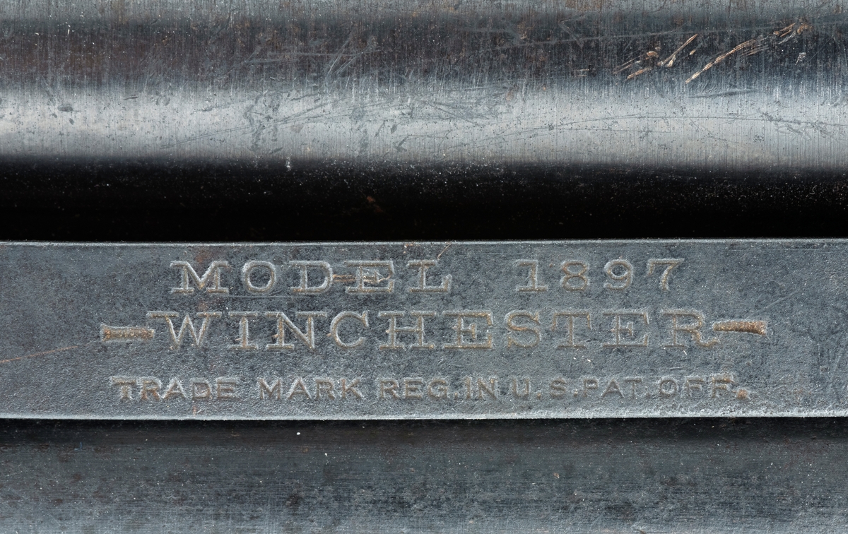 Winchester Model 1897, ei pumpehagle med rørmagasin, produsert av Winchester Repeating Arms Company i New Haven i Connecticut i USA (1866-2006). Dette våpenet er også kjent som Model 97, M97, eller Trench Gun. Model 1897 var en videreutvikling av Winchester Model 1893. Formgiveren bak disse våpnene var børsemakeren John Moses Browning (1855-1926). Magasinet sitter på undersida av løpets bakre del. Det er omgitt av et sylindrisk treskjefte. Når dette handtaket trekkes tilbake, trekkes også sluttstykkebolten bakover, slik at den tomme patronen kastes ut. Når det nevnte handtaket skyves framover igjen mates en ny patron inn i kammeret. Magasinene i Model 97 hadde vanligvis rom for 6 haglpatroner. Våpenet har full trangboring, det vil si at løpet, som bakfra har en diameter på 18,4 millimeter, men er cirka 1 millimeter trangere i den fremre enden. Dette ble gjort for å begrense spredningen haglene fikk på sin veg mot målet. Winchester Model 97 ble produsert i over én million eksemplarer i perioden 1897 til 1957. Ei innstemplet liste over patenter som ligger bak dette våpenet tyder på at den avbildete modellen er produsert etter 1906. Model 97 regnes som den første vellykte pumpehaglemodellen som kom på markedet. Den ble brukt av amerikanske soldater og politiavdelinger, samt av jegere. Her til lands har slike geværer vært omtalt som «Western-våpen». Den avbildete hagla er velbrukt, antakelig av en norsk jeger. Kolben, som ser ut til å være lagd av nøttetre, har tre innskårne bokstaver - «LBR» - som kan ha vært initialene til tidligere eier. 

Denne Winchester-hagla har vært innlånt til museet, men ble fotografert før den ble returnert til eieren.