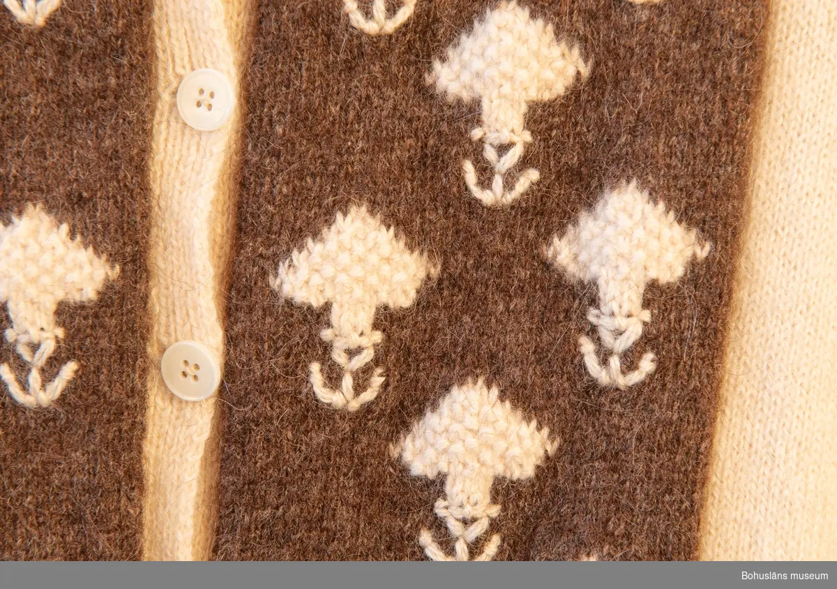 Kofta i lantrasullgarn i naturvitt och brunt, (naturfärger).
På framstyckena en 15 cm brett brunt fält mot framkanten med mönster i vitt,( stickat och något broderat). Åtta vita knappar.
Mönster  "Stora Nejlikan" , design Emma Jacobsson.

Välbevarad.

Litt: Häglund, U. "Bohus Stickning" Bohusläns museums förlag, nr 66 1999, s. 47, 94.
Keele, W. "Poems of Color. Knitting in the Bohus Tradition." Interweave Press 1995, s. 15, 109.