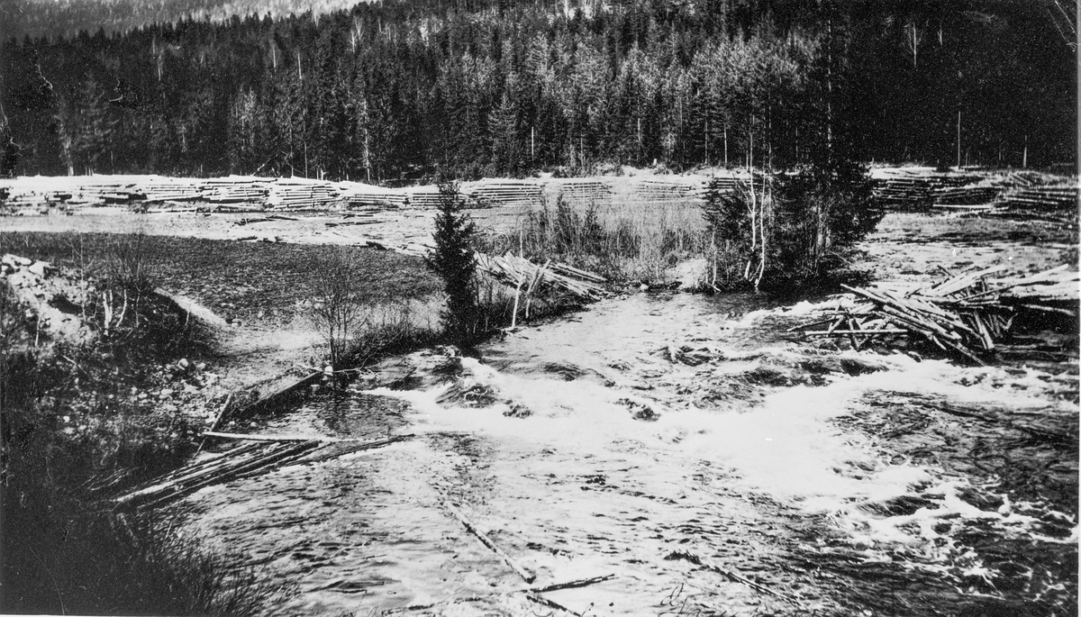 Tømmerfløting/brøtning ved Gampeevju, Kvennerud ca. 1920. Store tømmerlunner på land. Sett fra Kvennerudfossen.