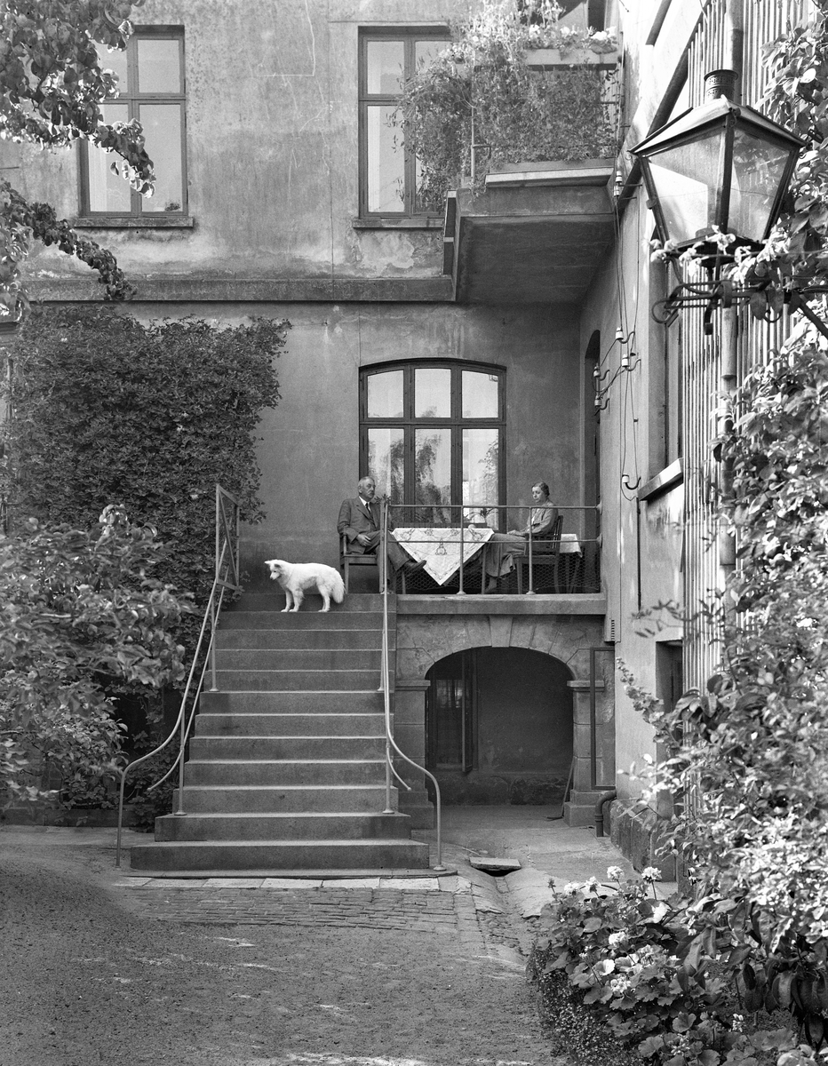 Altanen inne på gården till "tvillinghuset" som ligger i kv Komedianten 1 och från 1905 ägdes av borgmästare Johan Henrik Linnemann Janssen; oklart om han ägde den ända till sin död 1960. Gården är lummig och på altanen sitter Johan med frun Annie vid ett bord med duk. En hund står i trappan och spejar ner i buskaget. Över altanen sitter en balkong.