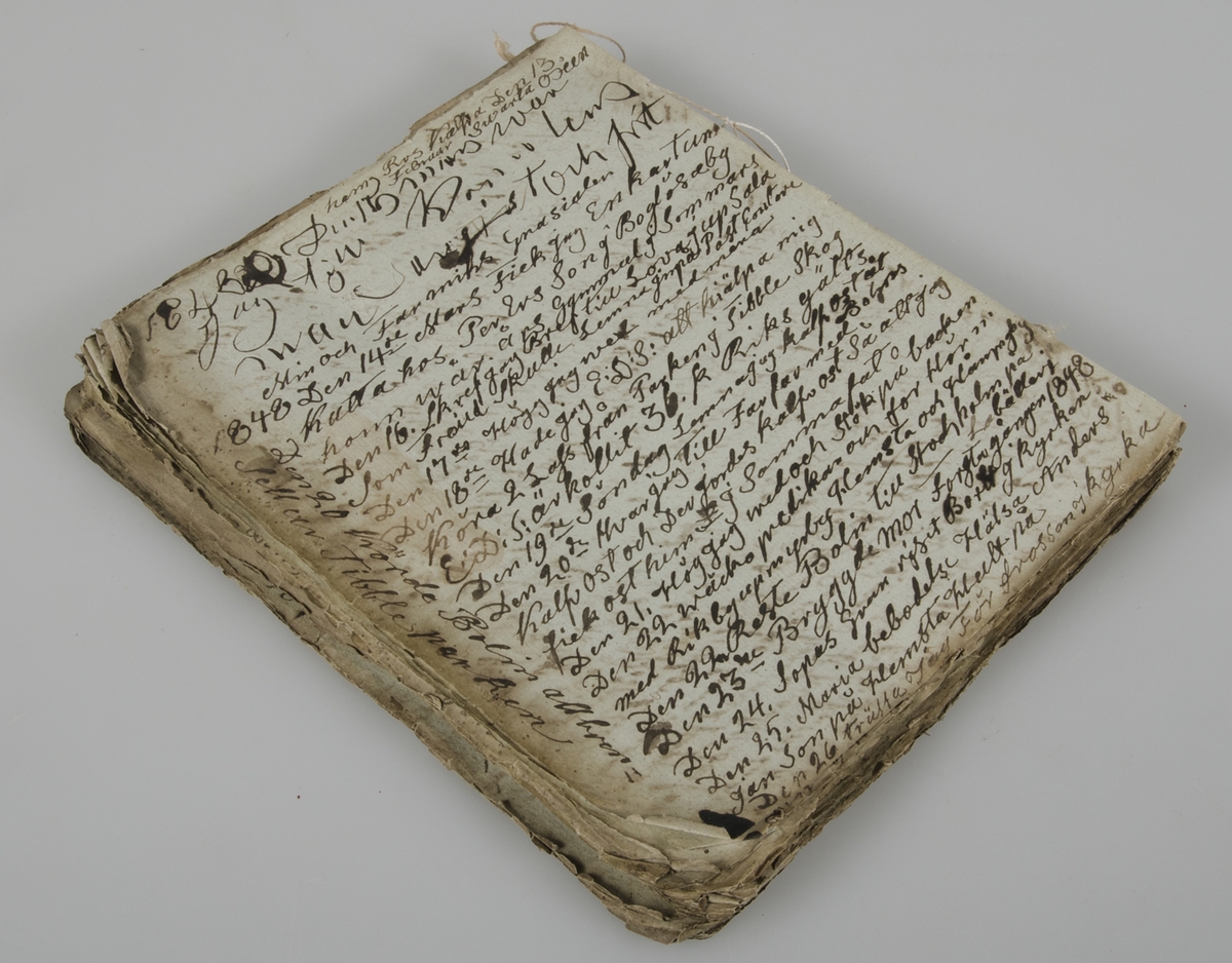 Dagbok i form av lösblad som satts ihop med tråd. Papper i blåaktig respektive gulaktig ton. Handskrivet med bläck.