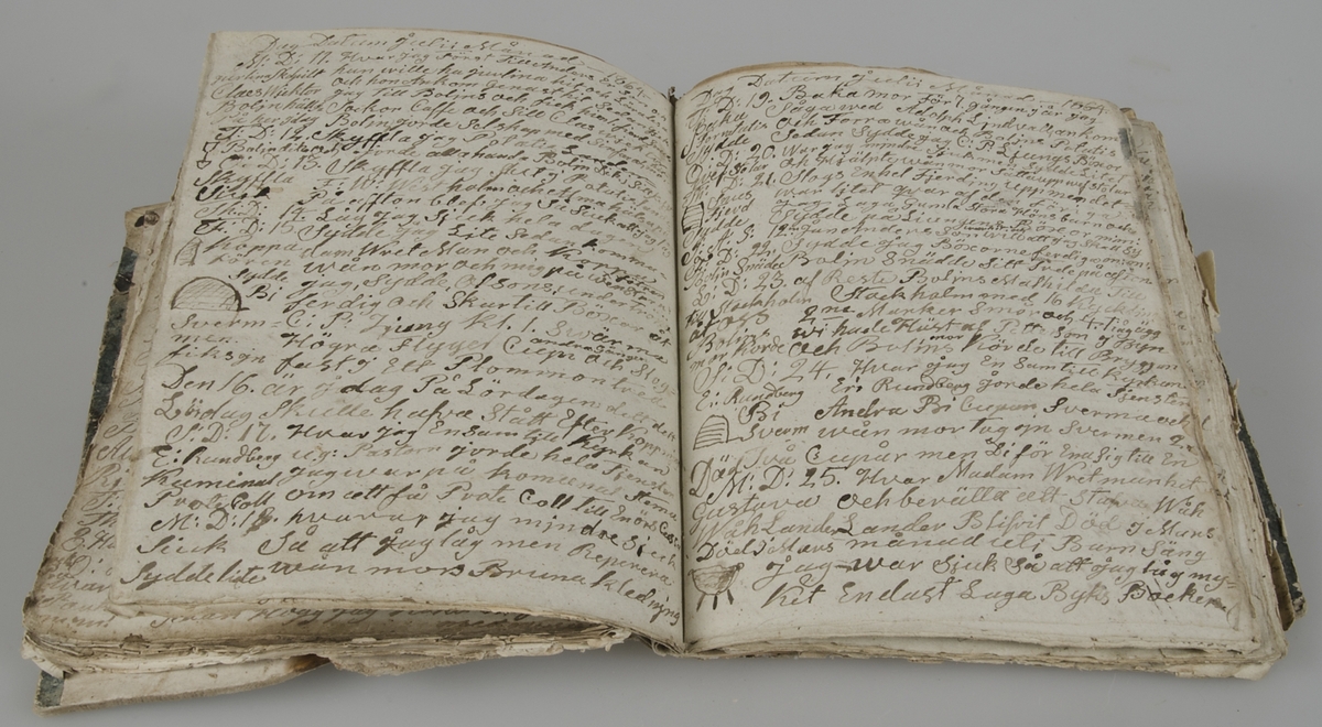 Dagbok i form av lösblad som satts ihop med tråd. Papper i blåaktig respektive gulaktig ton. Handskrivet med bläck. Pärm med blågrönt spräckligt mönster.