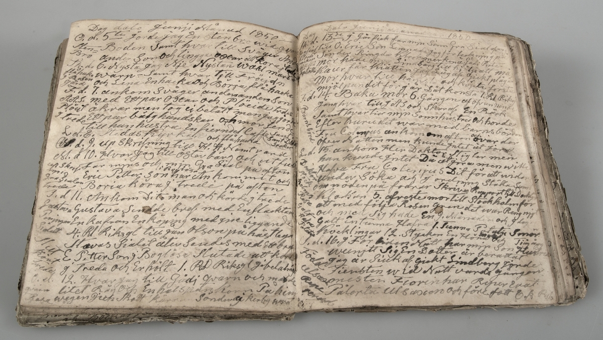 Dagbok i form av lösblad som satts ihop med tråd. Papper i blåaktig respektive gulaktig ton. Handskrivet med bläck. Pärm med brunspräckligt mönster. Inget bakstycke.