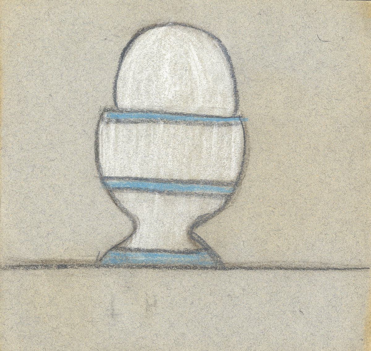 En äggkopp med ägg, i vit och blå vaxkrita.