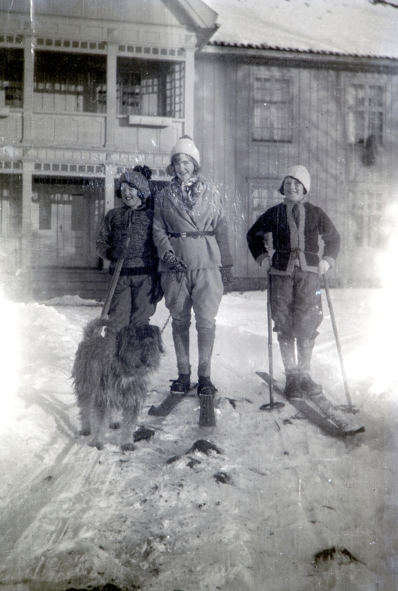 3 Kusiner på ski på ute på tunet på  Nordre Ottestad. tv Anne-Marie Gjestvang (1917-2002), Andrea Margrethe Glærum (1914-1993), født Gjestvang med hund, og Else Taroline Weltzin (1919-2008)