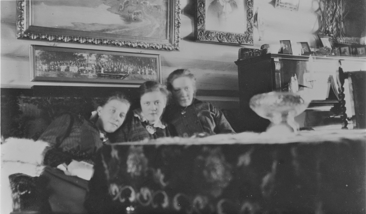 Margit Tveiten (f. Kopseng; søster til Berit Blegeberg), Liv Nyhus (f. Blegeberg; søster til Arne Blegeberg) og Marit Berg (f. Enger). På Øvre Kopseng, ca. 1915.