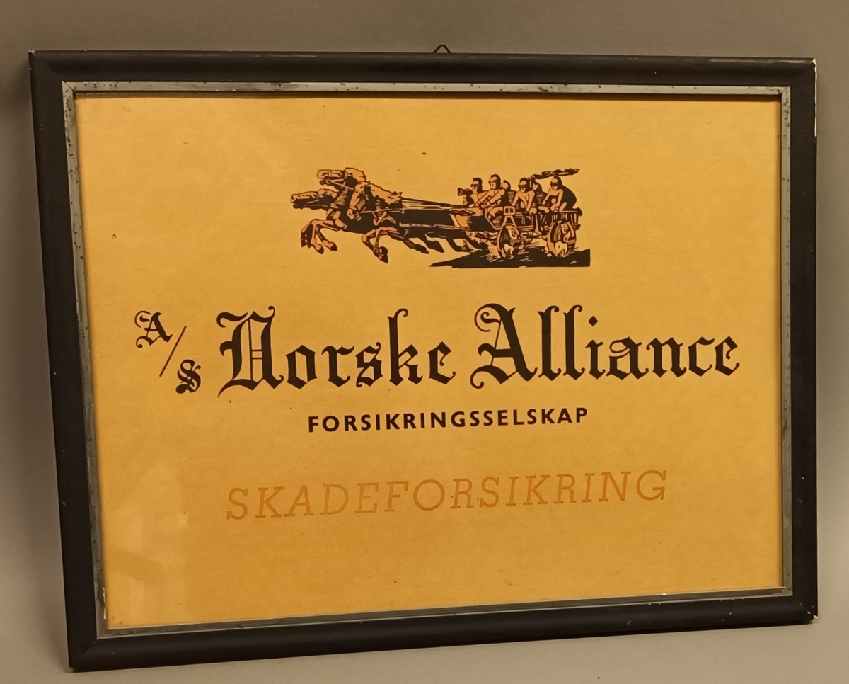 Reklameplakat i glas og ramme for A/S Norske Alianse.