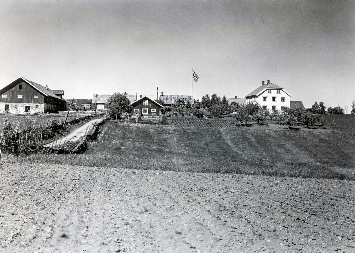 Grylling gård i Nordbygda Løten, ca 1950. Gårdstun, gårdshage, hageanlegg, nyttehage, jordbrukslandskap, bygdeveg med skigard. Flaggstang med det Norskeflagget.