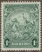 Frimärke ur Gösta Bodmans filatelistiska motivsamling, påbörjad 1950.
Frimärke från Barbados, 1943. Motiv av Symbol för Englands herravälde över haven -Kung George VI av England- Barbados ´sigill med devis: 