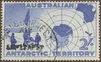 Frimärke ur Gösta Bodmans filatelistiska motivsamling, påbörjad 1950.
Frimärke från Australien, 1957. Motiv av Australiensiska polarupptäcktsresenärer -Karta över Australiens Antarctiska Territorium.-