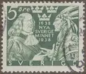 Frimärke ur Gösta Bodmans filatelistiska motivsamling, påbörjad 1950.
Frimärke från Sverige, 1938. Motiv av Guvenör Johan B. Printz 1592-1663 Ledde grundandet av Nya Sverige vid Delaware. Guvenör där 1643-1653. -Möte med hövding-
Nya Sverige-minnet: 1638-1938.