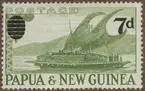 Frimärke ur Gösta Bodmans filatelistiska motivsamling, påbörjad 1950.
Frimärke från Papua och Nya Guinea, 1952. Motiv av Papuansk båt med säreget segel -s.k. 