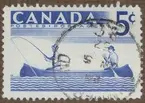 Frimärke ur Gösta Bodmans filatelistiska motivsamling, påbörjad 1950.
Frimärke från Canada, 1957. Motiv av Canadensisk kanot med fiskare