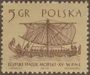 Frimärke ur Gösta Bodmans filatelistiska motivsamling, påbörjad 1950.
Frimärke från Polen, 1963. Motiv av Egyptisk skepp från antiken. Med segel och roddarlag. 