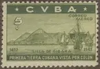 Frimärke ur Gösta Bodmans filatelistiska motivsamling, påbörjad 1950.
Frimärke från Cuba, 1944. Motiv av Columbus:s karavell flotta utanför ön Cuba 1492. -450-årsminne av Amerikas upptäckt 1492-1942. (Obs.: Cubas utgivningdag är 2 år efter 450-årsjubiléet)