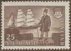 Frimärke ur Gösta Bodmans filatelistiska motivsamling, påbörjad 1950.
Frimärke från Finland, 1955. Motiv av Bark för fulla segel -köpman på kaj med fulla tjärtunnor-350-årsminne av Uleåborg:s (Oulu:s) grundläggning: 1605-1955.