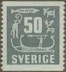 Frimärke ur Gösta Bodmans filatelistiska motivsamling, påbörjad 1950.
Frimärke från Sverige, 1954. Motiv av skepp Svensk hällristning