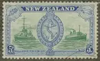 Frimärke ur Gösta Bodmans filatelistiska motivsamling, påbörjad 1950.
Frimärke från Nya Zeeland, 1945, Motiv av Stort krigsfartyg Stor passagerarångare Ankare: Kungl. Flottans emblem. Till minne av freden: Världskrig II:s slut.