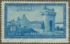 Frimärke ur Gösta Bodmans filatelistiska motivsamling, påbörjad 1950.
Frimärke från Rumänien, 1928. Motiv av Donau-bron vid Cernavoda 50-årsminne: Dobrudjas erövrande