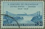 Frimärke ur Gösta Bodmans filatelistiska motivsamling, påbörjad 1950.
Frimärke från USA, 1948. Motiv av Förbindelsebron mellan USA och Canada nedanför Niagara-fallet. 100-årsjubileum av färd mellan de båda länderna.