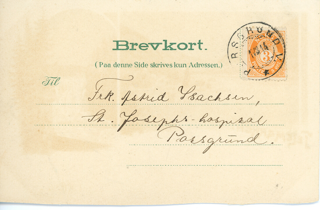 Postkort med teikna motiv frå Dalen og Tinnfos.  Kortet er sendt i 1914.