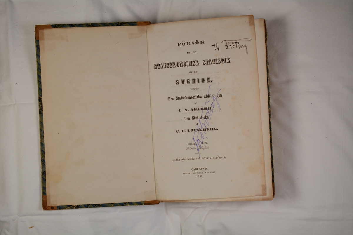 Häftad, halvfranskt, brunt skinnband med marmorerat pärmpapper i blåaktiga nyanser.