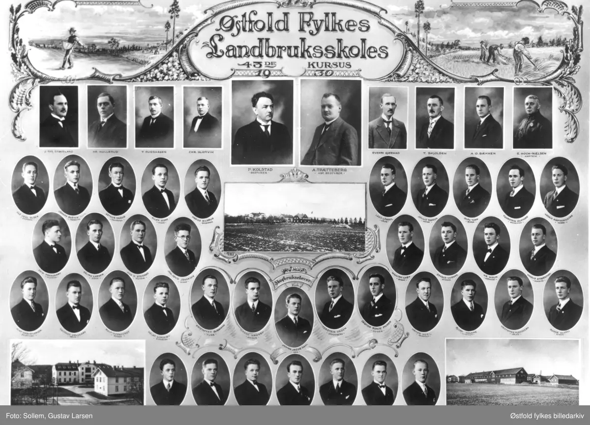 Montasje, portretter av lærere og elever ved Østfold Fylkes Landbruksskoles 43de Kursus 1930. Skogbrukselever. 3 eksteriør fra skolens bygn.inger på Kalnes i Tune.