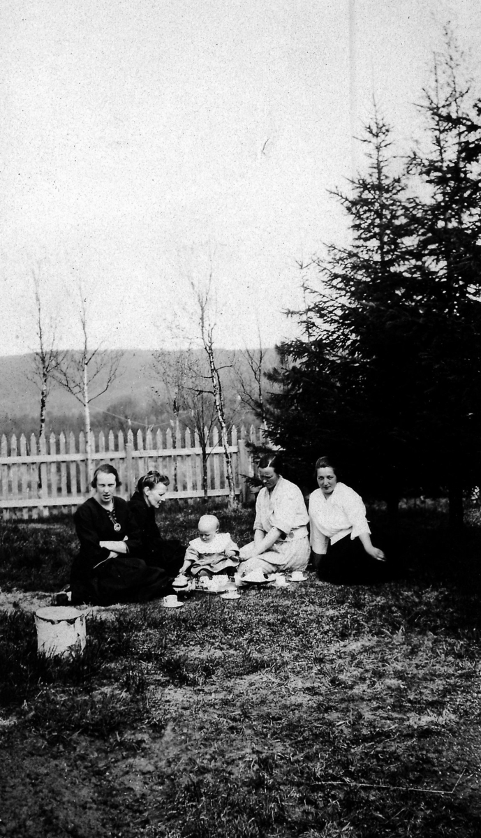 Gruppe med kvinner og ett barn sitter i hagen på Fleskmo i Målselv.