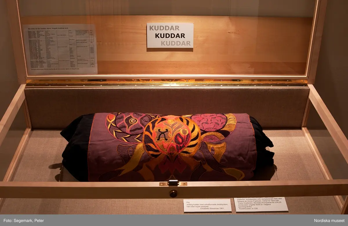 Utställningsdokumentation: Kuddar på Högbo textilmuseum år 2003.