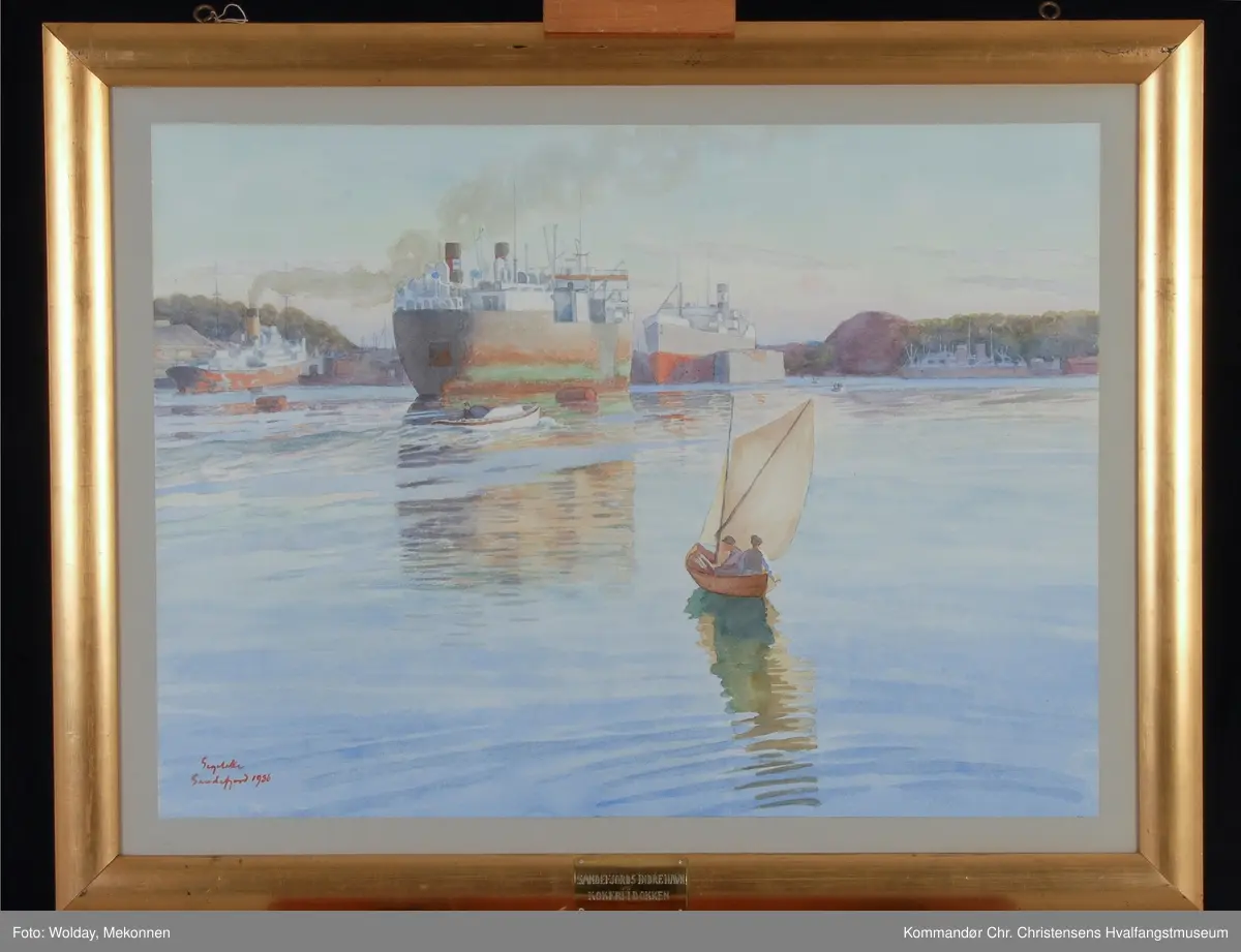 Sandefjord havn med hvalfangstfartøy i dokken, 1936. Kokeri i dokken, Fartøy 9.