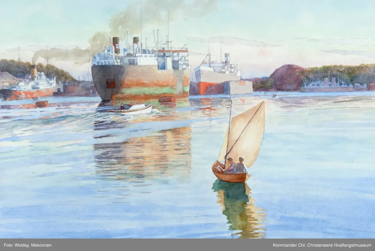 Sandefjord havn med hvalfangstfartøy i dokken, 1936. Kokeri i dokken, Fartøy 9.
