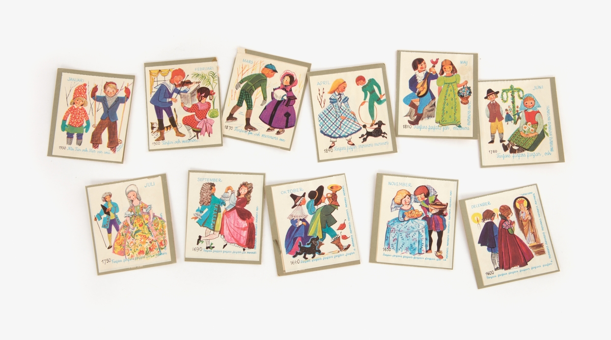 Sex stycken uppsättningar med kort, alla visandes årets månader. Uppsättningarna följer olika teman, däribland historiska epoker, svenska landskap, fåglar och landskapsblommor.