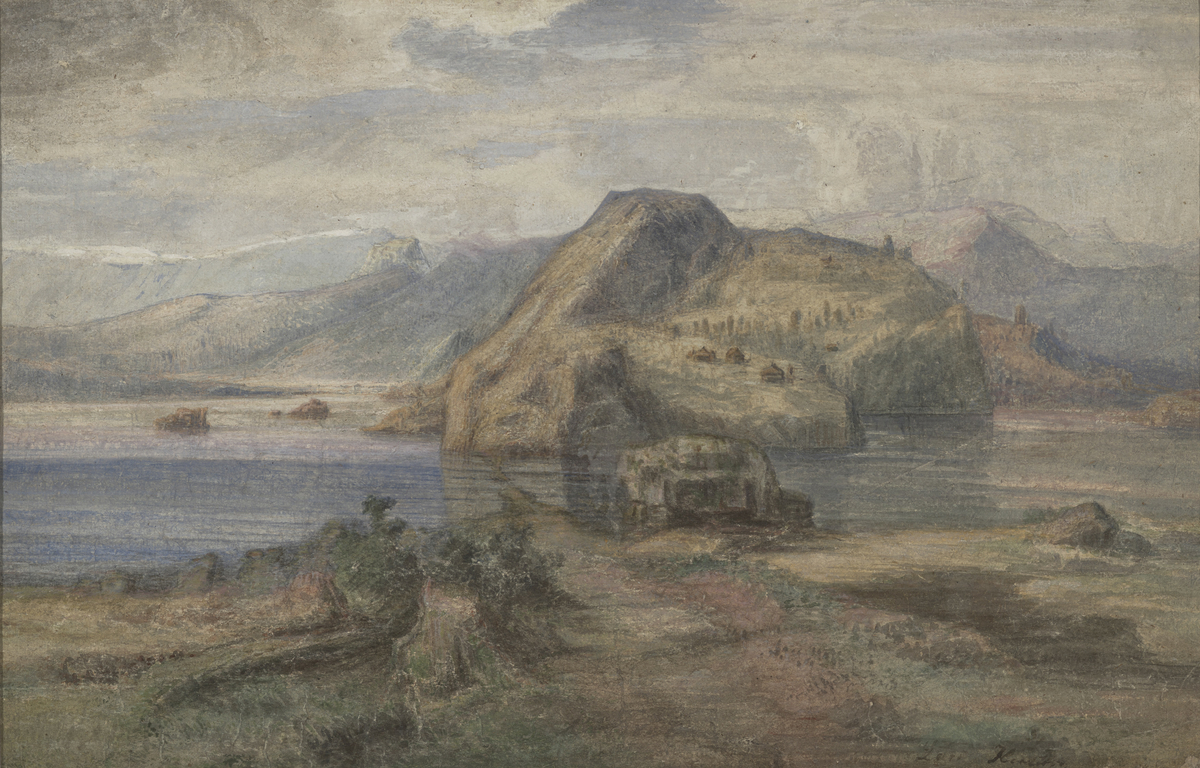 Landskap (med vann og kolle) [Akvarell]