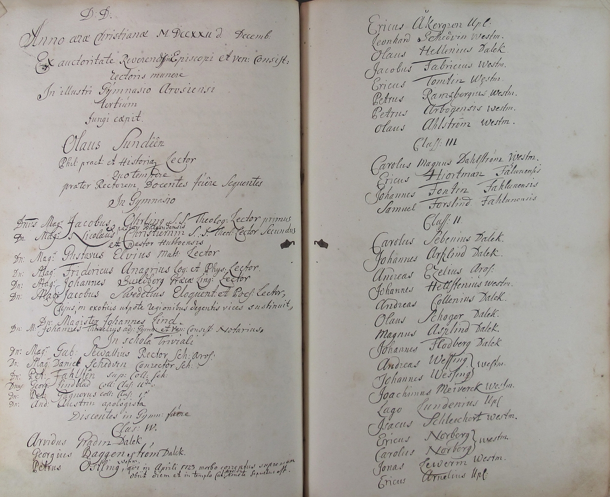 Rudbeckianska skolan i Västerås elevlängd 1720-1729.