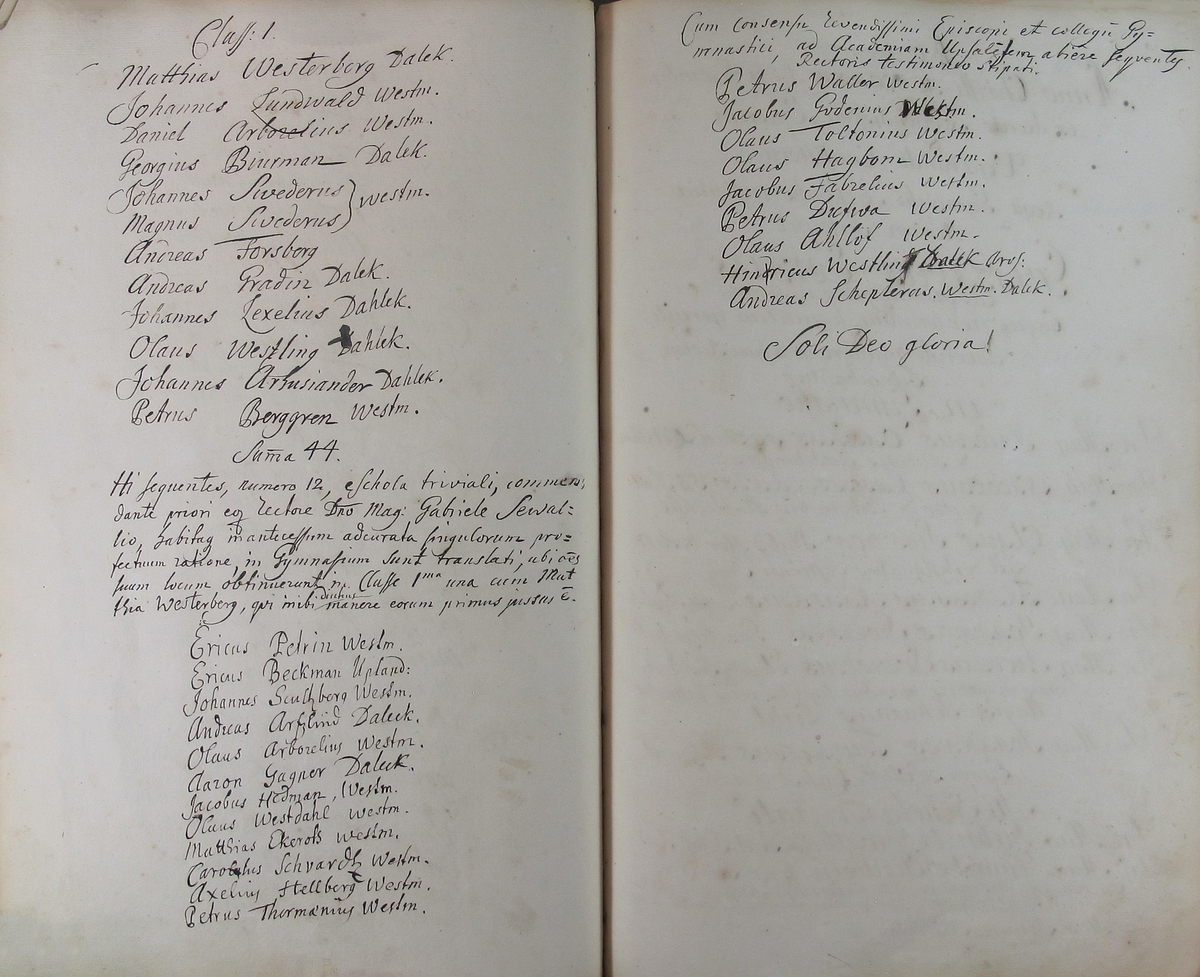 Rudbeckianska skolan i Västerås elevlängd 1720-1729.