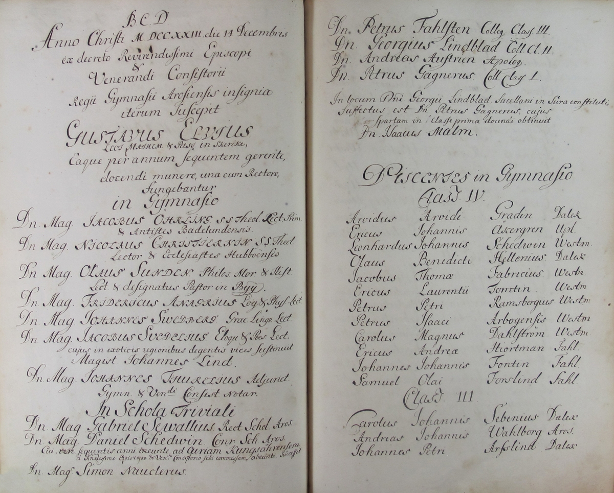 Rudbeckianska skolan i Västerås elevlängd 1720-1729.