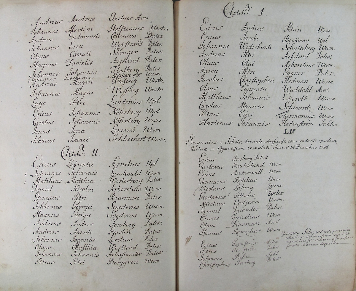 Rudbeckianska skolan i Västerås elevlängd 1720-1729.
