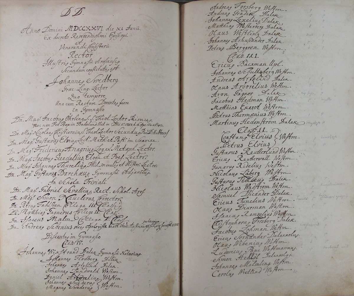 Rudbeckianska skolan i Västerås elevlängd 1720-1729.