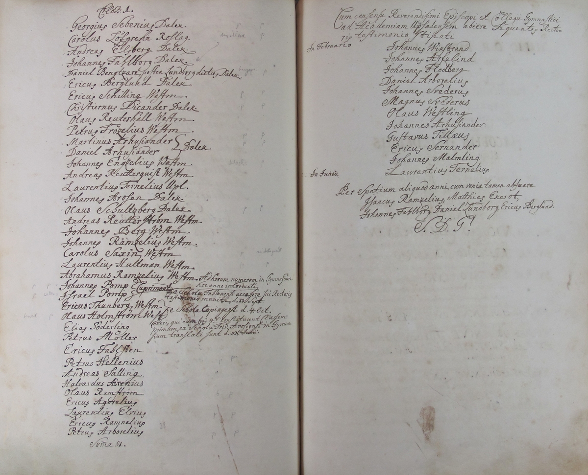 Rudbeckianska skolan i Västerås elevlängd 1720-1729.