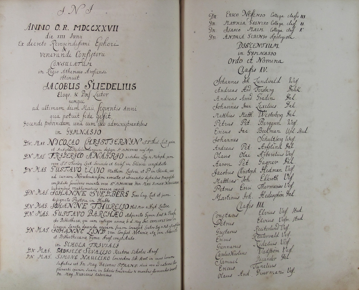 Rudbeckianska skolan i Västerås elevlängd 1720-1729.