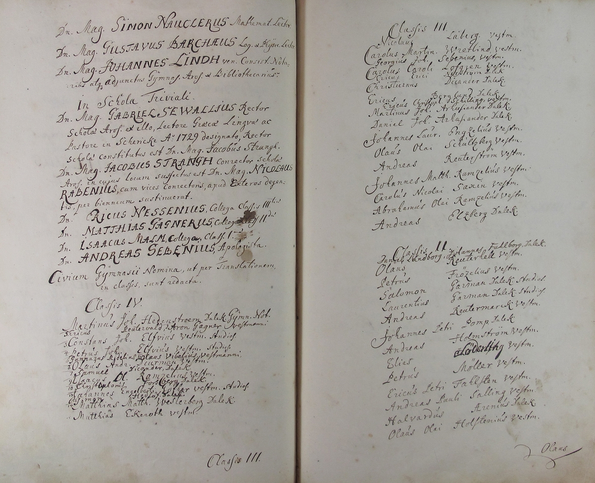 Rudbeckianska skolan i Västerås elevlängd 1720-1729.