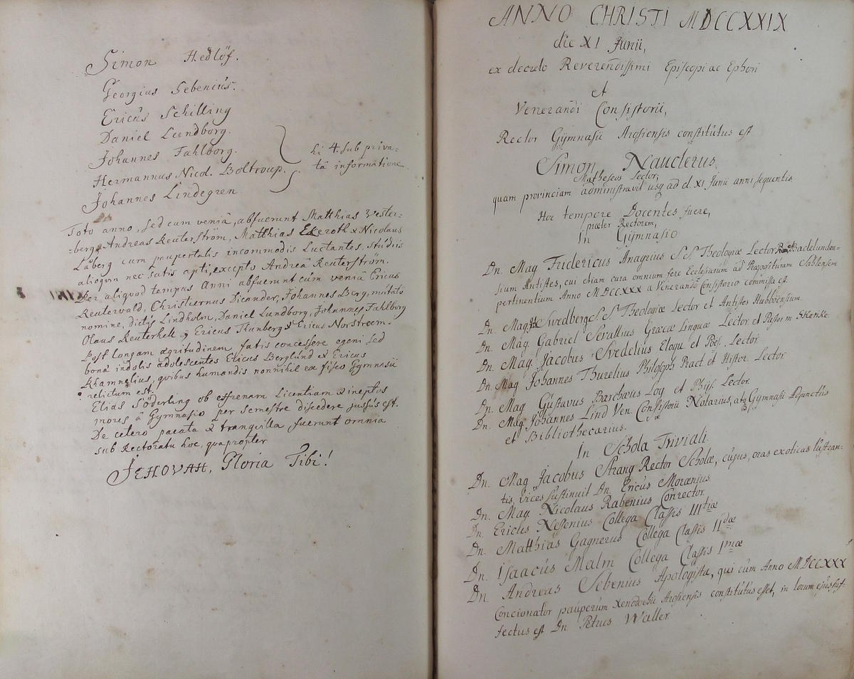 Rudbeckianska skolan i Västerås elevlängd 1720-1729.
