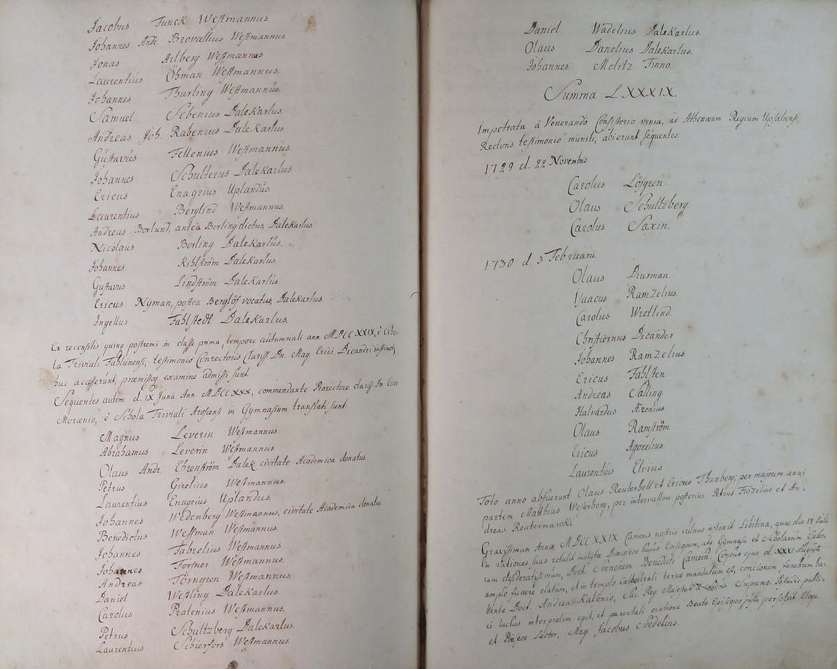 Rudbeckianska skolan i Västerås elevlängd 1720-1729.