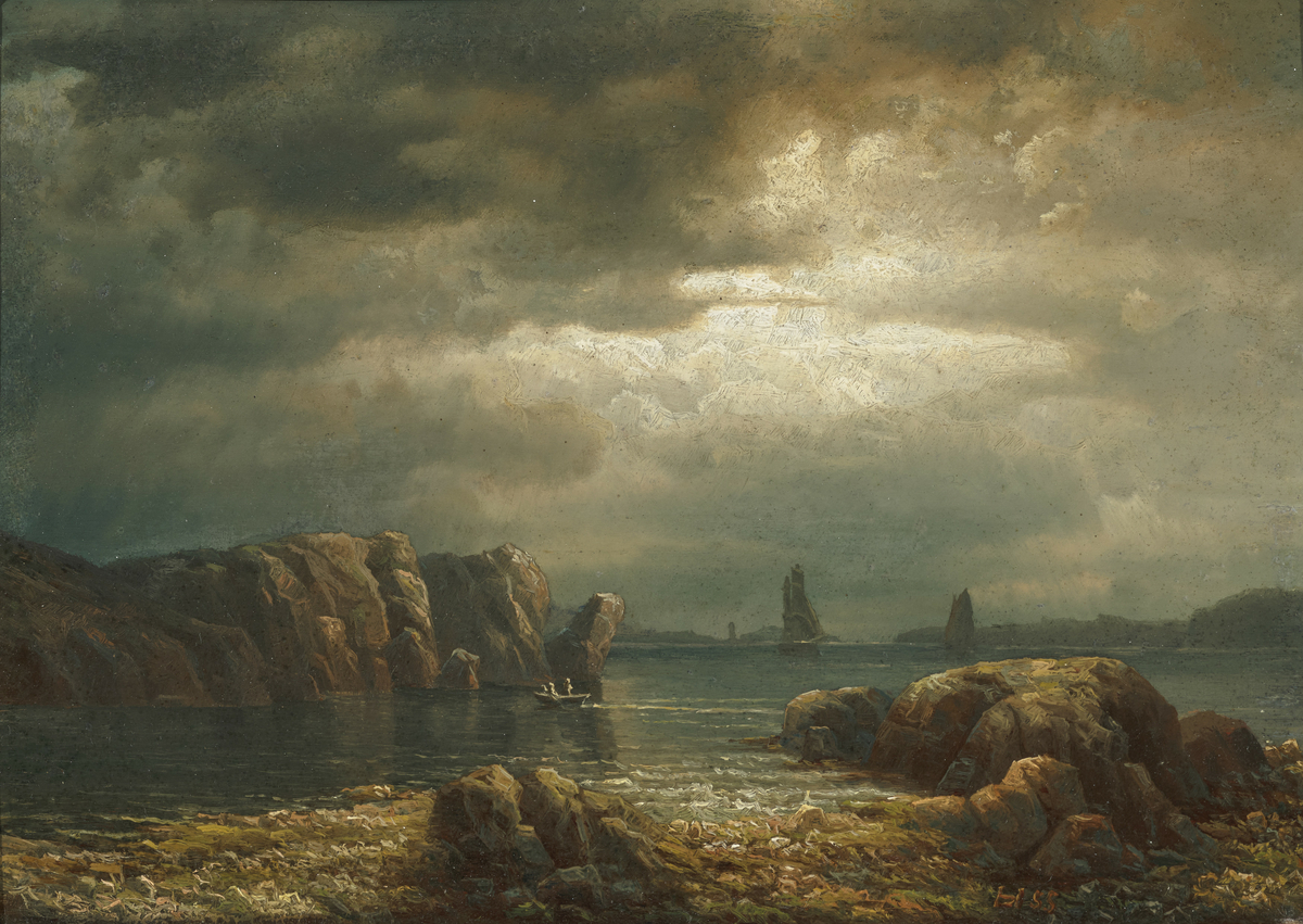 Kystlandskap med robåt og seilskip [Oljemaleri]