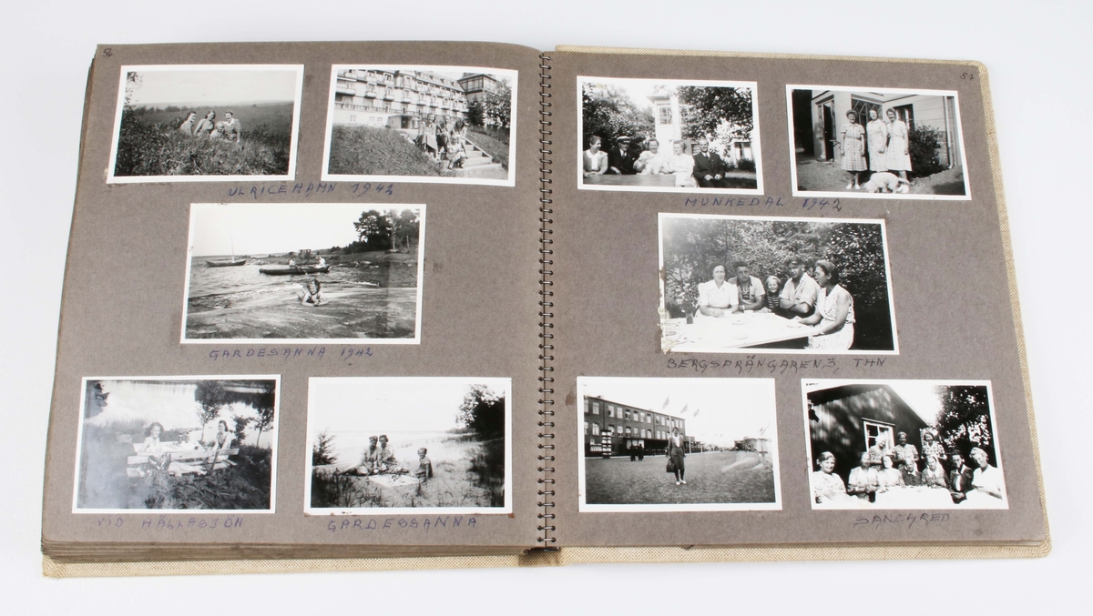 Fotoalbum. Pappband, klätt i beige cloth. Består av 30 blad av mörkgrå papp. Varje sida, med 5-6 påklistrade svartvita fotografier. Första sidan med handskrivet årtal: "4/9-1936". Fotografier tagna av givaren, under åren 1932-1944. I gott skick.