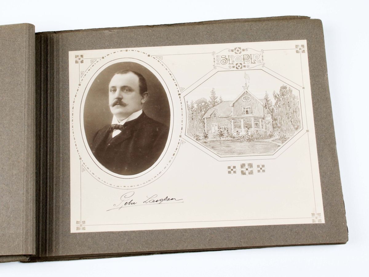 Fotoalbum av grå papp. Bladen bundna med grått snöre. Framsidan med årtalen "1864-1914, initialerna "PL", köpmannaemblem omramat av tallkvistar och kottar". 2 sidor med text angående Pehr Larsons 50-årsdag. 10 sidor med fotografier av Pehr Larson och uppvaktande tjänstemän vid Erikson & Larson.

Texten av John Hedaeus.
Foton av Gustaf Nilsson.

Funktion: 50-årsuppvaktning