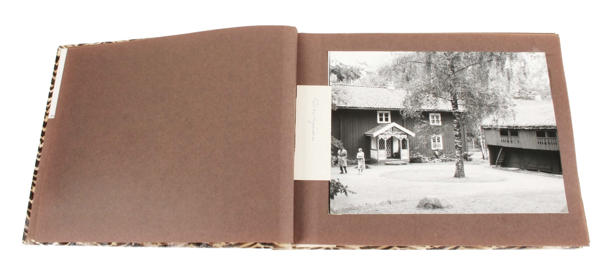 Fotoalbum. Pappband klätt i pressat, tigermönstrat konstmaterial. Består av 24 blad av gråbrun papp. Bladen sammanbundna med brunt snöre. 5 blad med svartvita fotografier. 3 med Ramnaparken och 4 med stadsvyer över Borås. På insidan limmad etikett märkt: "EXLIBRIS FILIP BERG". Många blad tomma. I gott skick.